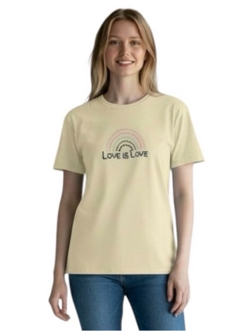LC Lauren Conrad Pale Yellow Embroidered Love is Love S/S T-Shirt Size Medium